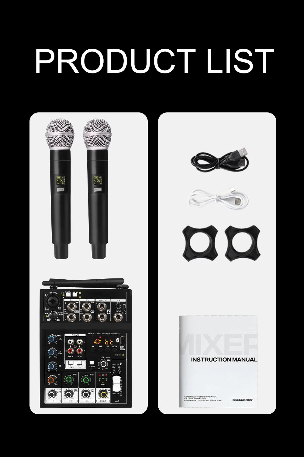 G-MARK STUDIO 4 – Console de Mixage DJ 4 Canaux Bluetooth, 2 Micros Sans Fil UHF, 48V, USB