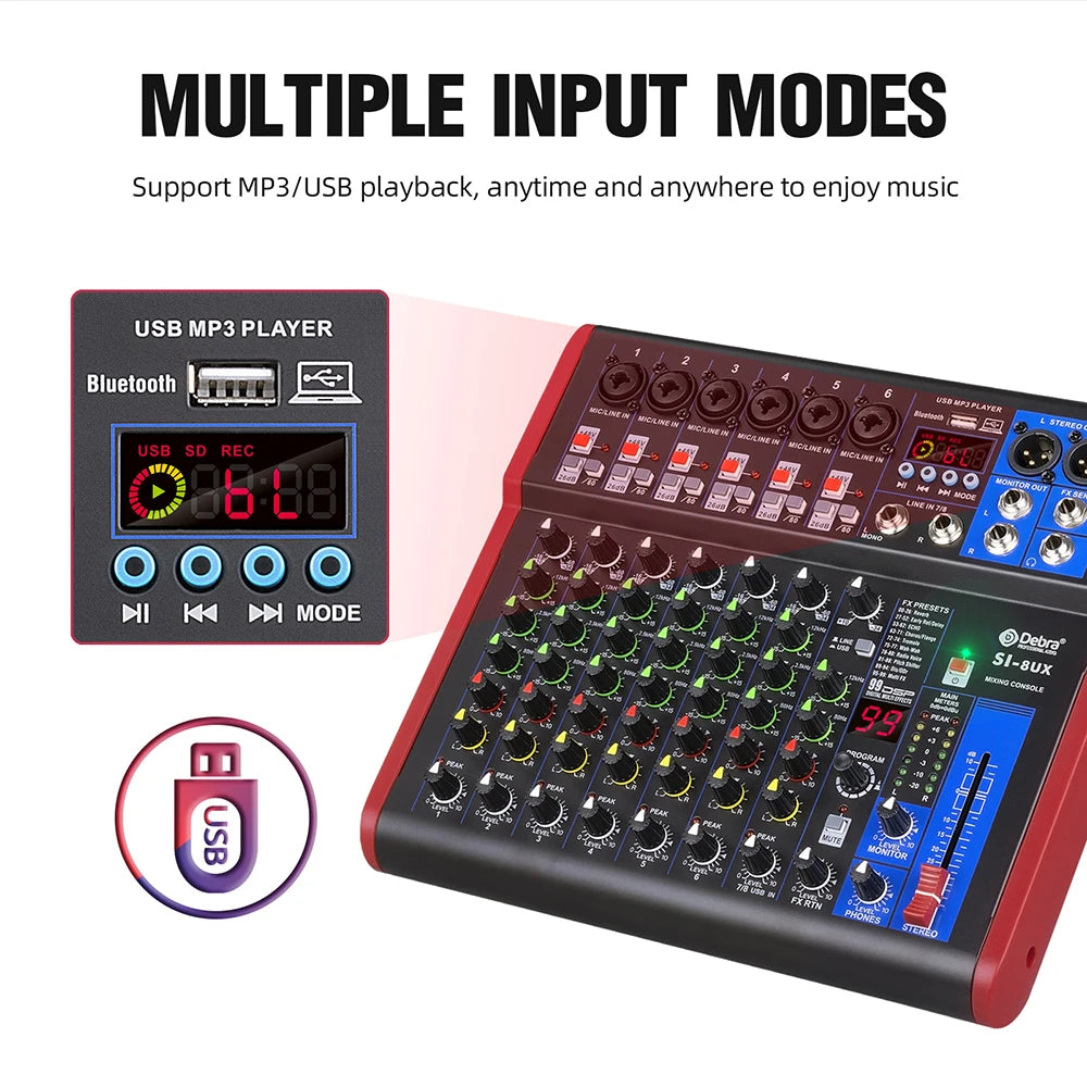 IKGE SI-UX – Table de Mixage DJ Portable Bluetooth 5.0, 99 Effets DSP, USB, 4/6/8 Canaux