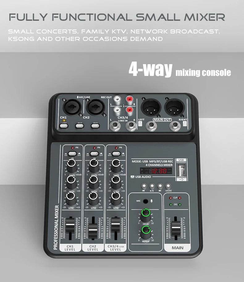 AOIEUUAI – Table de Mixage 4 Canaux Bluetooth, 48V Alimentation Fantôme, USB, Studio & Karaoké