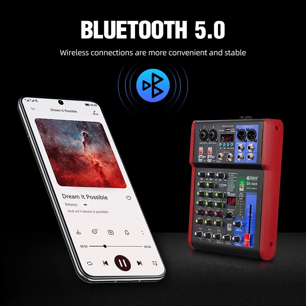 IKGE SI-UX – Table de Mixage DJ Portable Bluetooth 5.0, 99 Effets DSP, USB, 4/6/8 Canaux